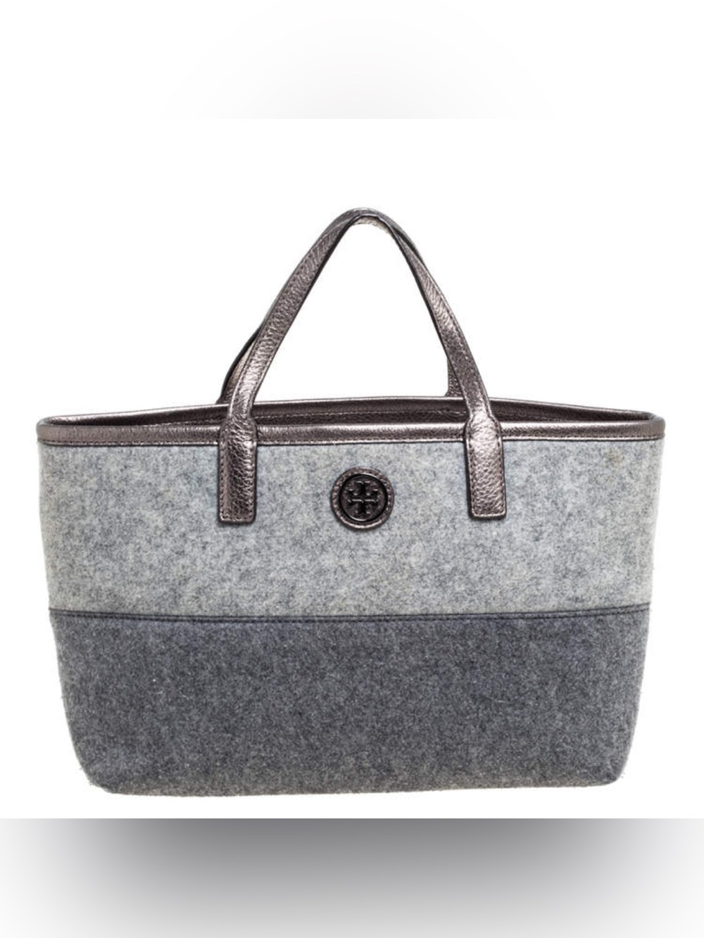 Tory Burch Ashley tote bag two-tone gray wool felt with pewter leather trim